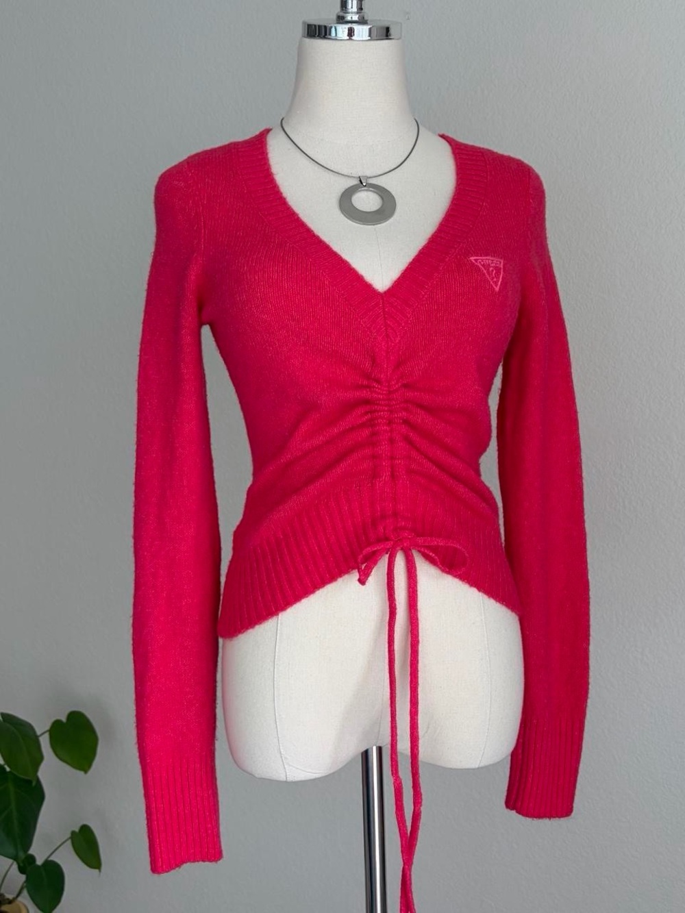 Guess Hot Pink V-Neck Ruched Drawstring Sweater - Picture 3 of 8
